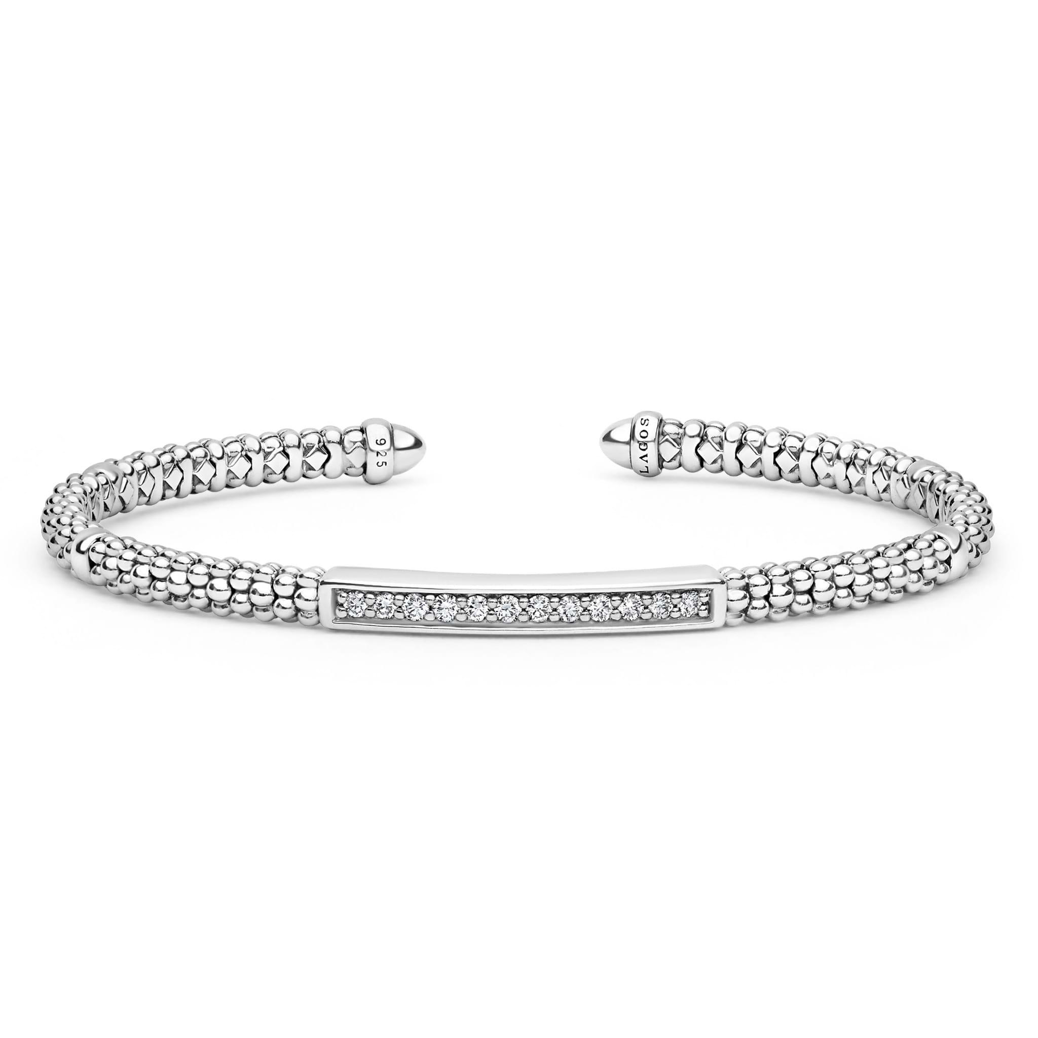  3mm, featuring sterling silver caviar beading and a pavé-set diamond bar, exuding understated luxury.