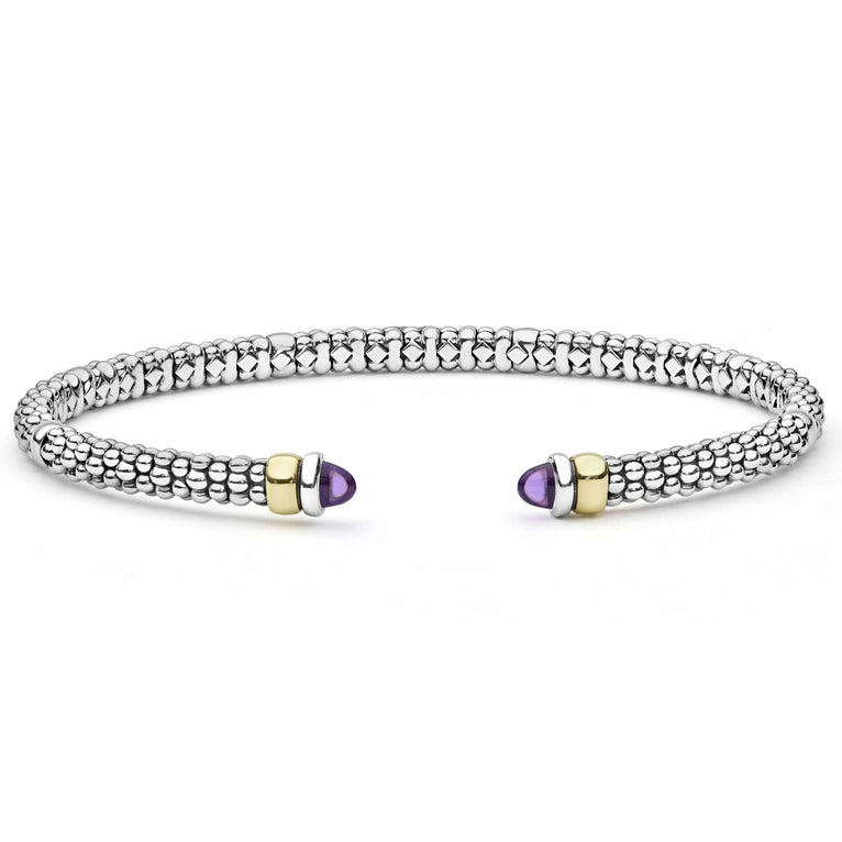  3mm featuring polished sterling silver beads, 14K gold accents, and amethyst cabochon end caps for a refined, modern look.