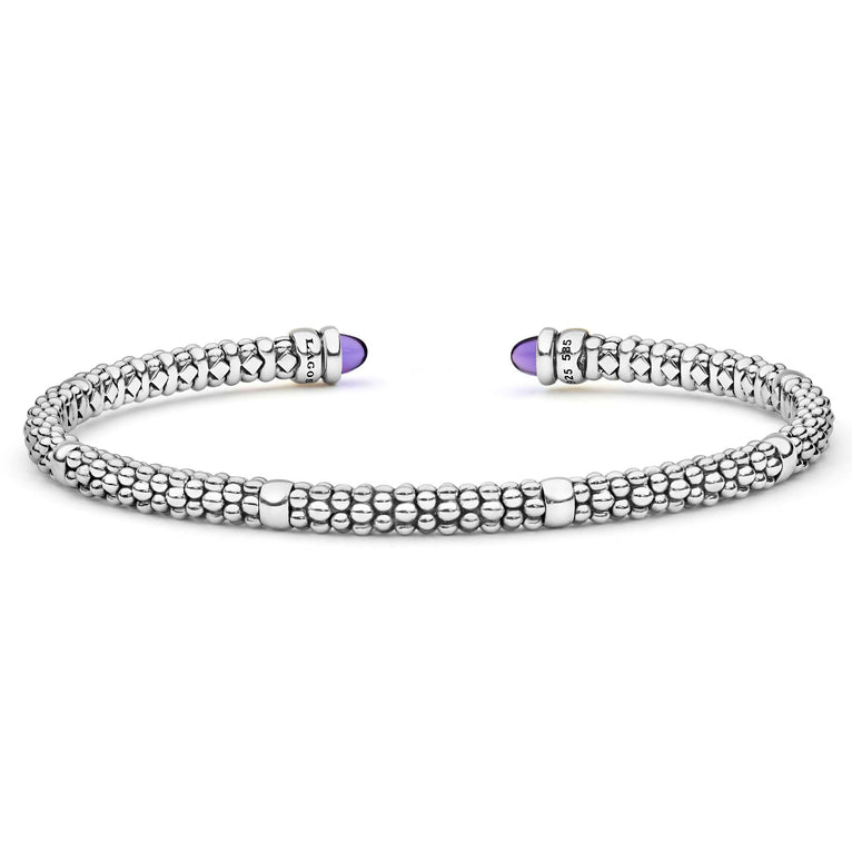  3mm featuring sterling silver with 14K gold accents, caviar beading, and amethyst cabochon end caps.