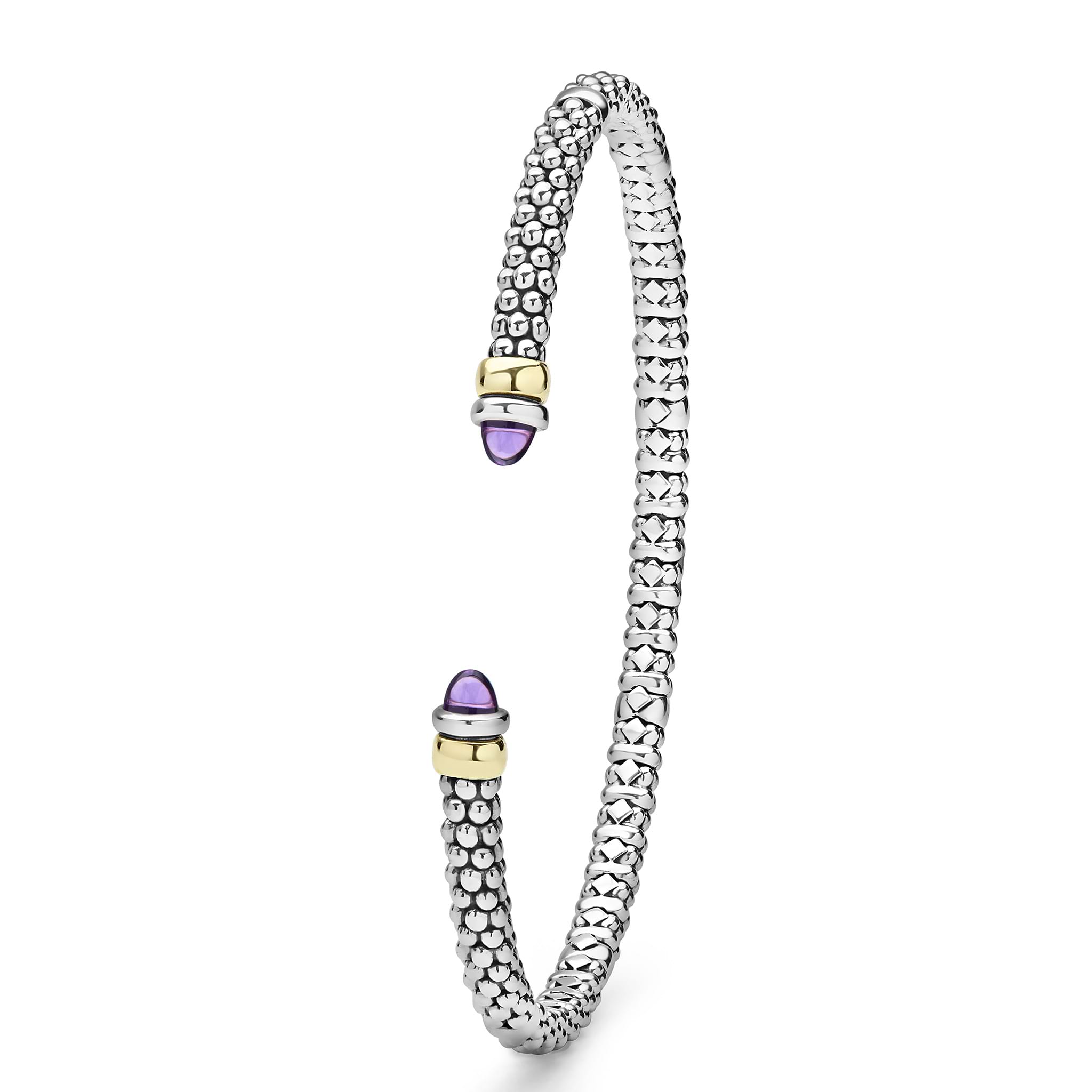 Signature Caviar Two-Tone Amethyst Mini Versa Torque Bracelet in sterling silver, featuring caviar beading, 14K gold accents, and amethyst cabochon ends.
