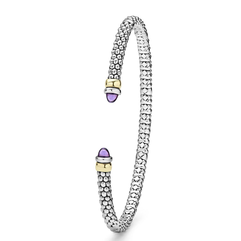 Signature Caviar Two-Tone Amethyst Mini Versa Torque Bracelet in sterling silver, featuring caviar beading, 14K gold accents, and amethyst cabochon ends.
