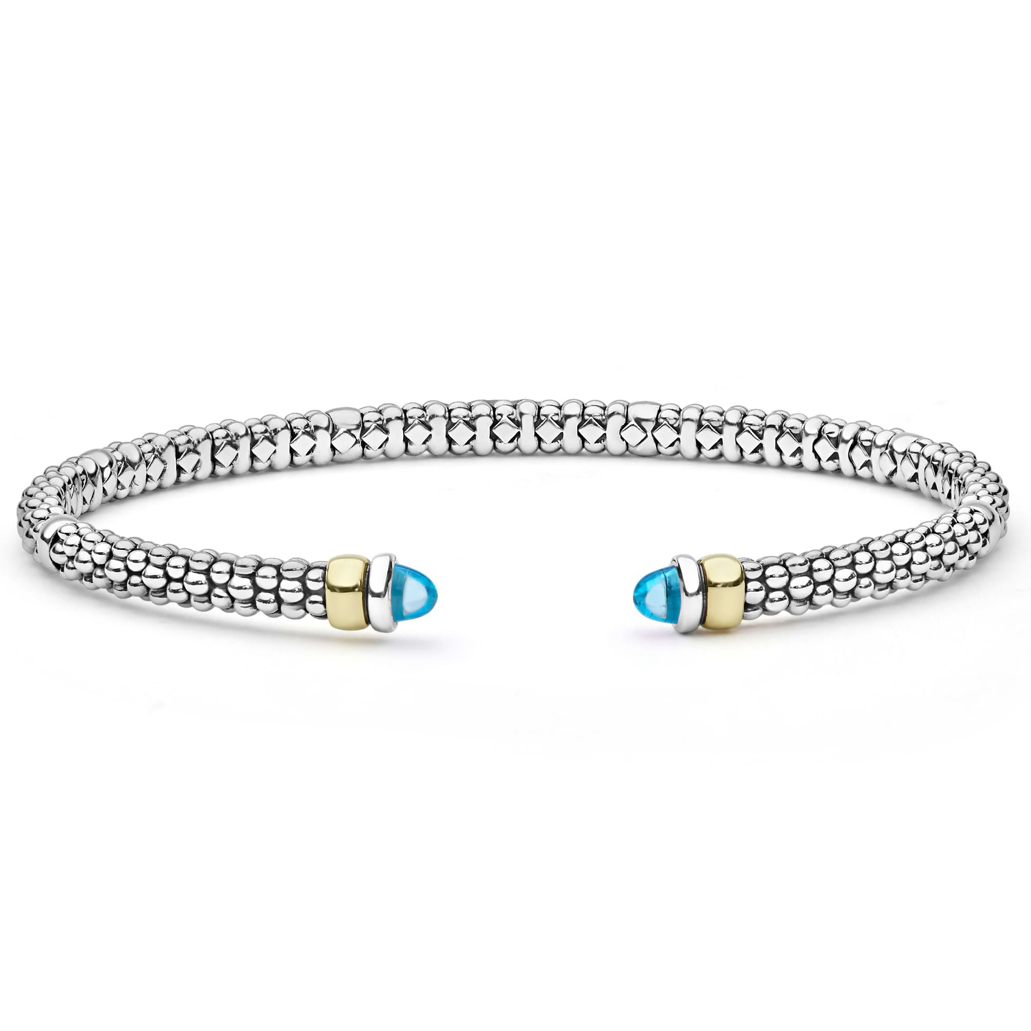  3mm featuring sterling silver caviar beading, 14K gold accents, and blue topaz cabochons on open ends.