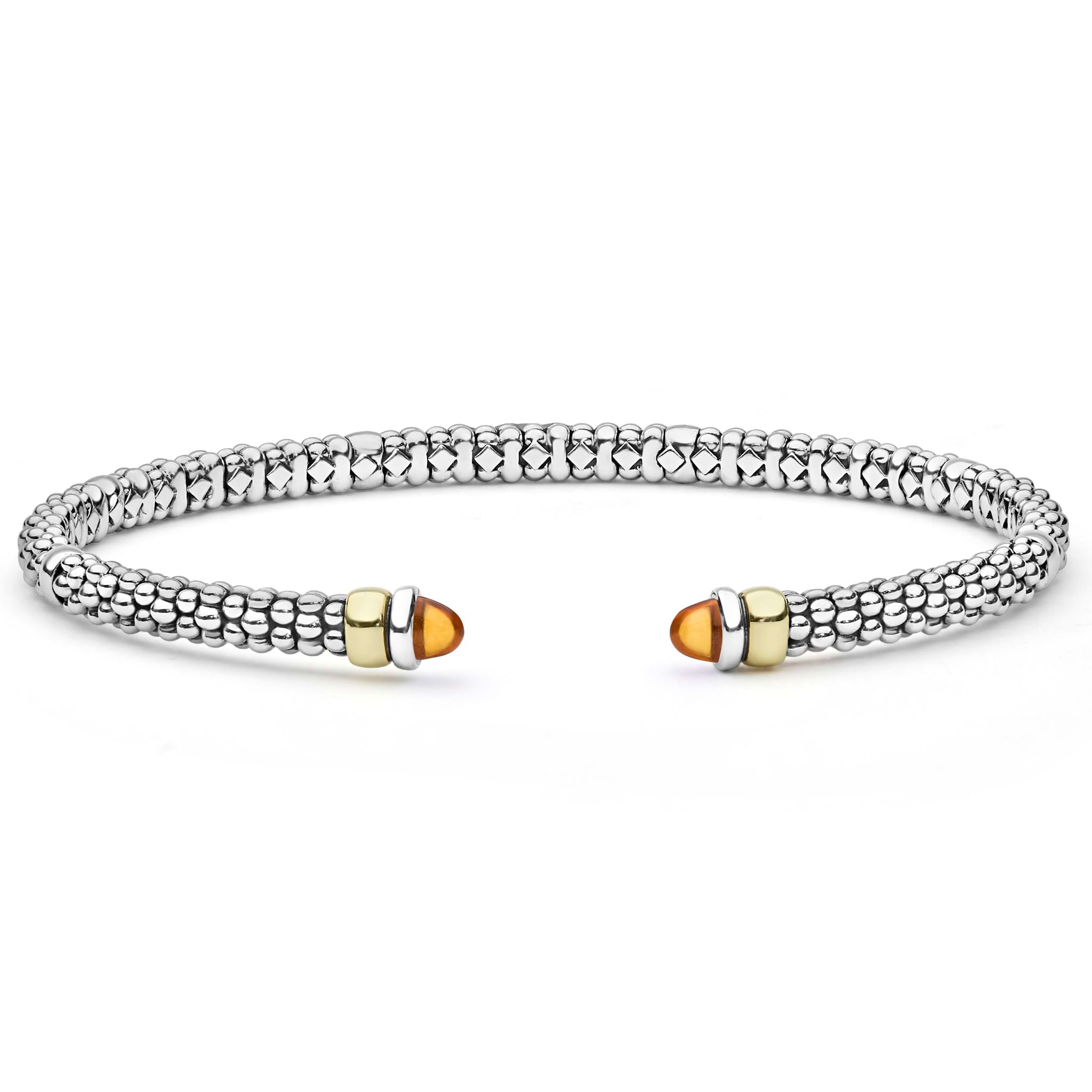  3mm: Sterling silver bracelet with caviar beading, 14K gold accents, and cabochon-cut citrine gemstone end caps.