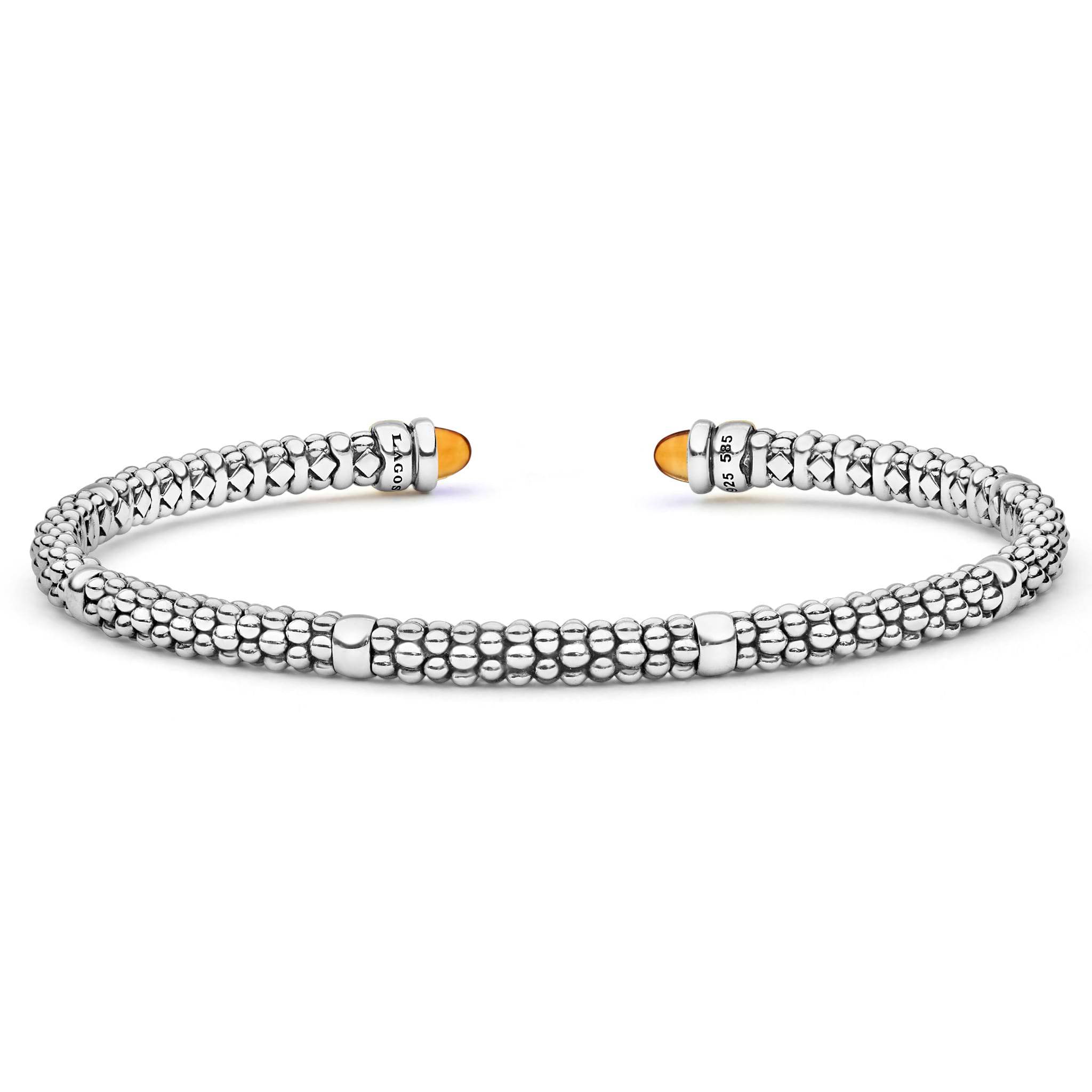 Signature Caviar Two-Tone Citrine Mini Versa Torque Bracelet in sterling silver with 14K gold details, featuring caviar beading and cabochon-cut citrine gemstone end caps.