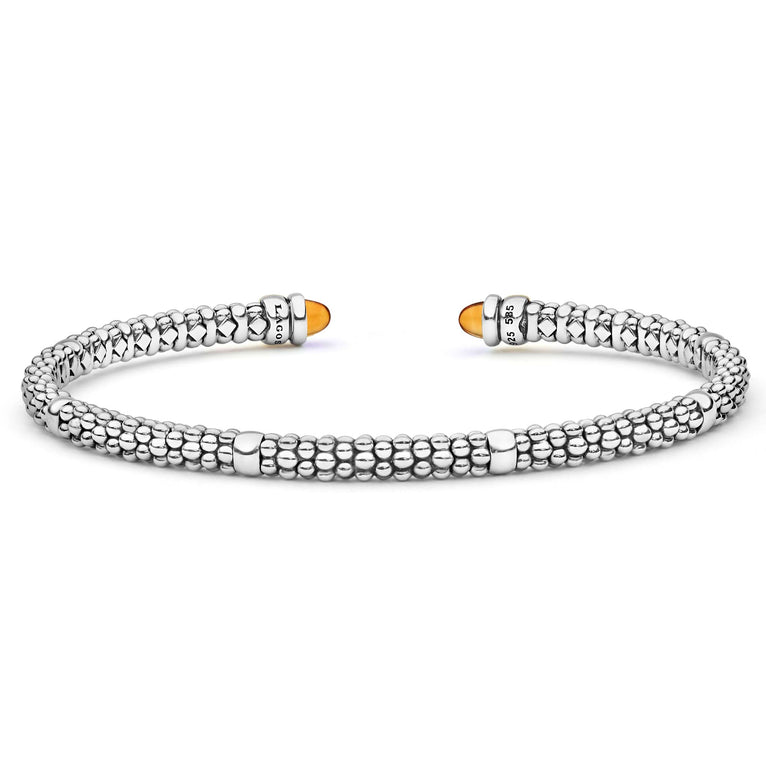 Signature Caviar Two-Tone Citrine Mini Versa Torque Bracelet in sterling silver with 14K gold details, featuring caviar beading and cabochon-cut citrine gemstone end caps.