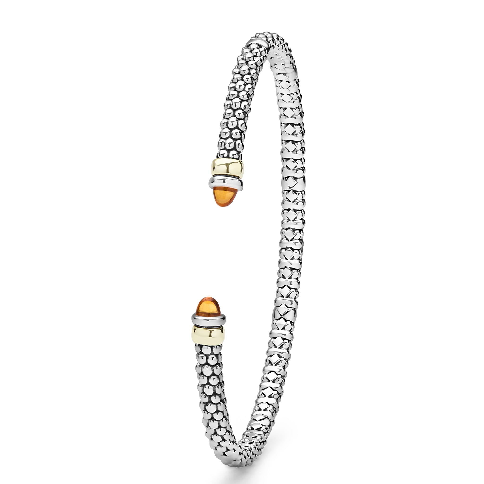 Signature Caviar Two-Tone Citrine Mini Versa Torque Bracelet in sterling silver with 14K gold accents, featuring caviar beading and cabochon-cut citrine gemstone end caps.