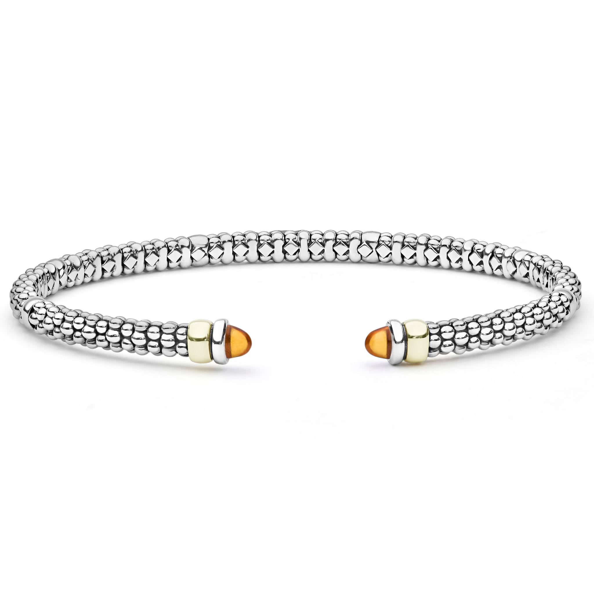  3mm, featuring sterling silver caviar beading, 18K gold collars, and citrine cabochon ends for refined elegance.