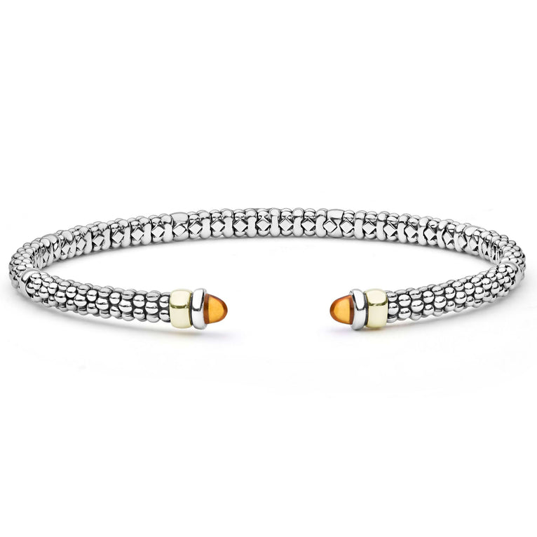  3mm, featuring sterling silver caviar beading, 18K gold collars, and citrine cabochon ends for refined elegance.