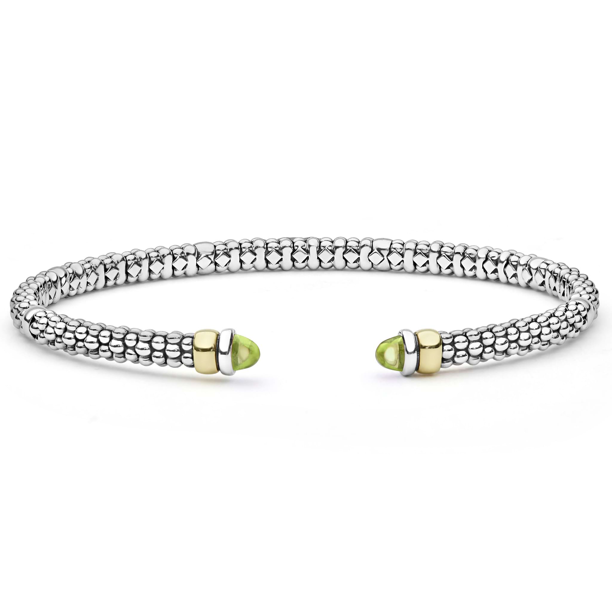 Signature Caviar Two-Tone Peridot Mini Versa Torque Bracelet in sterling silver with caviar beading, 14K gold accents, and peridot gemstone end caps.