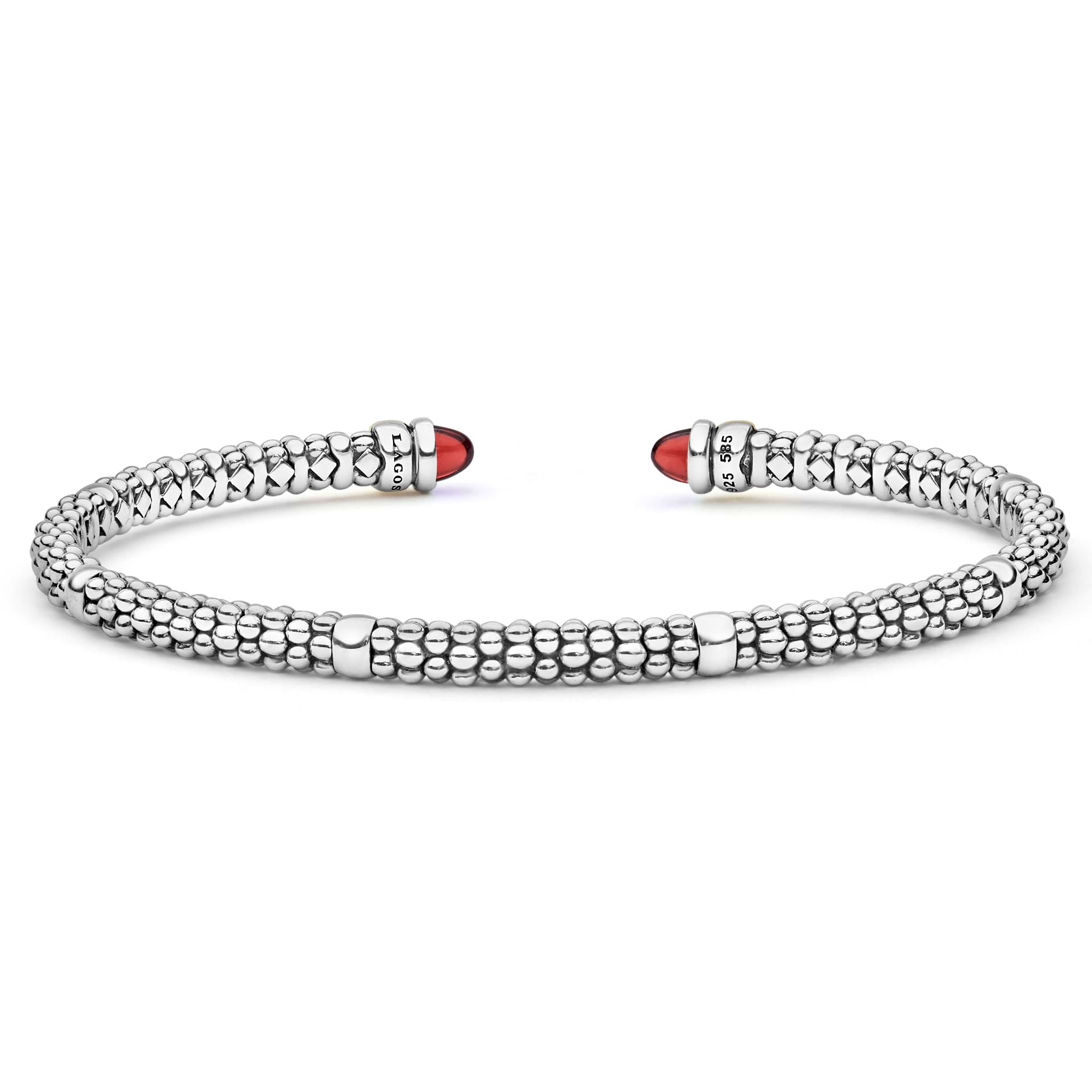  3mm in polished sterling silver with 14K gold details, featuring caviar beading and garnet cabochon end caps.