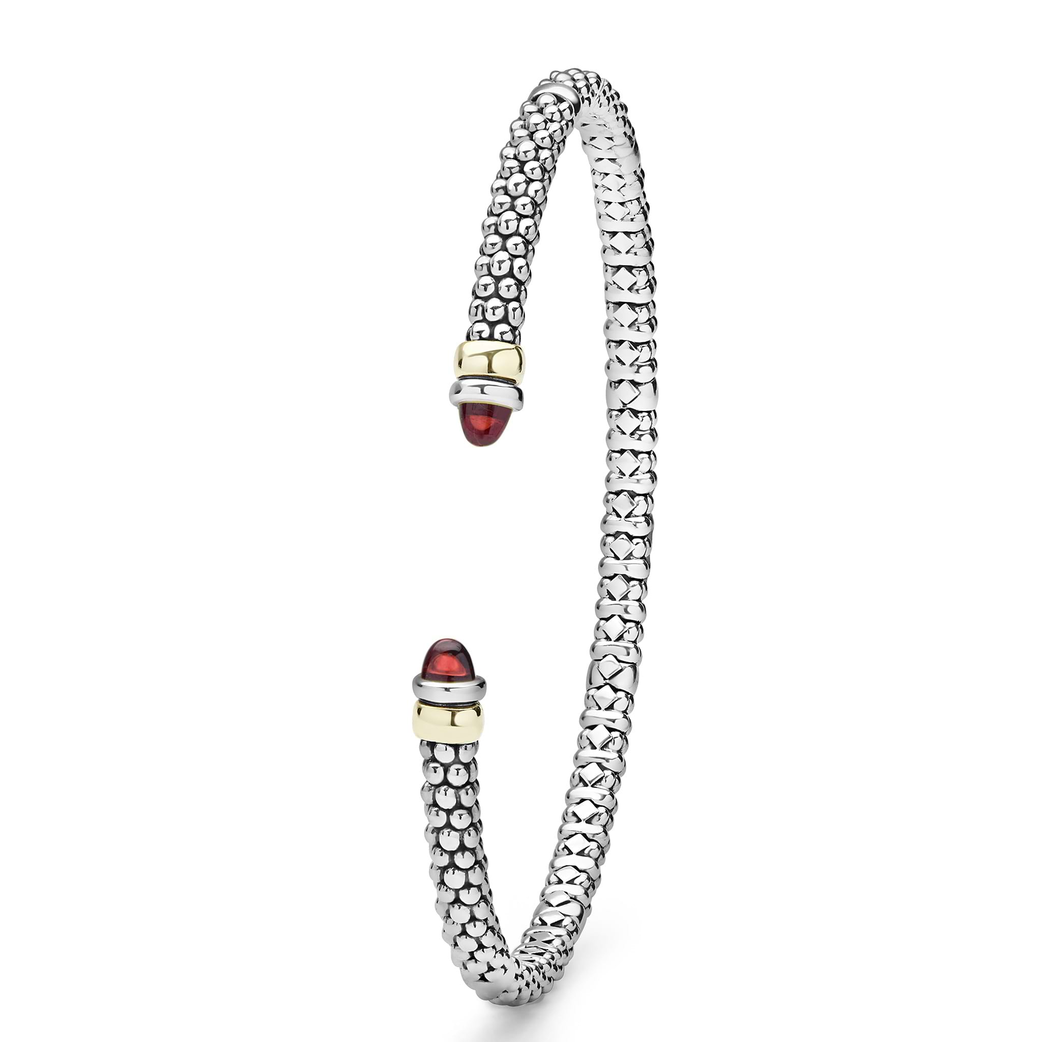  3mm in sterling silver with 14K gold accents, featuring caviar beading and garnet gemstone end caps.