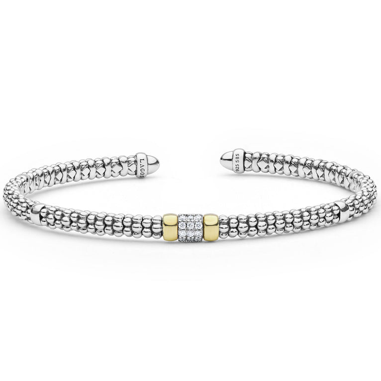  3mm, features sterling silver caviar beading, a diamond pavé bead, and 14K gold accents, showcasing LAGOS craftsmanship.
