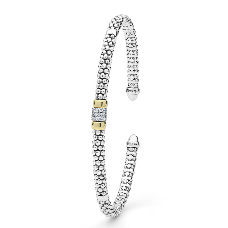  3mm, featuring sterling silver caviar beading, 14K gold accents, and pavé-set diamonds for a refined look.