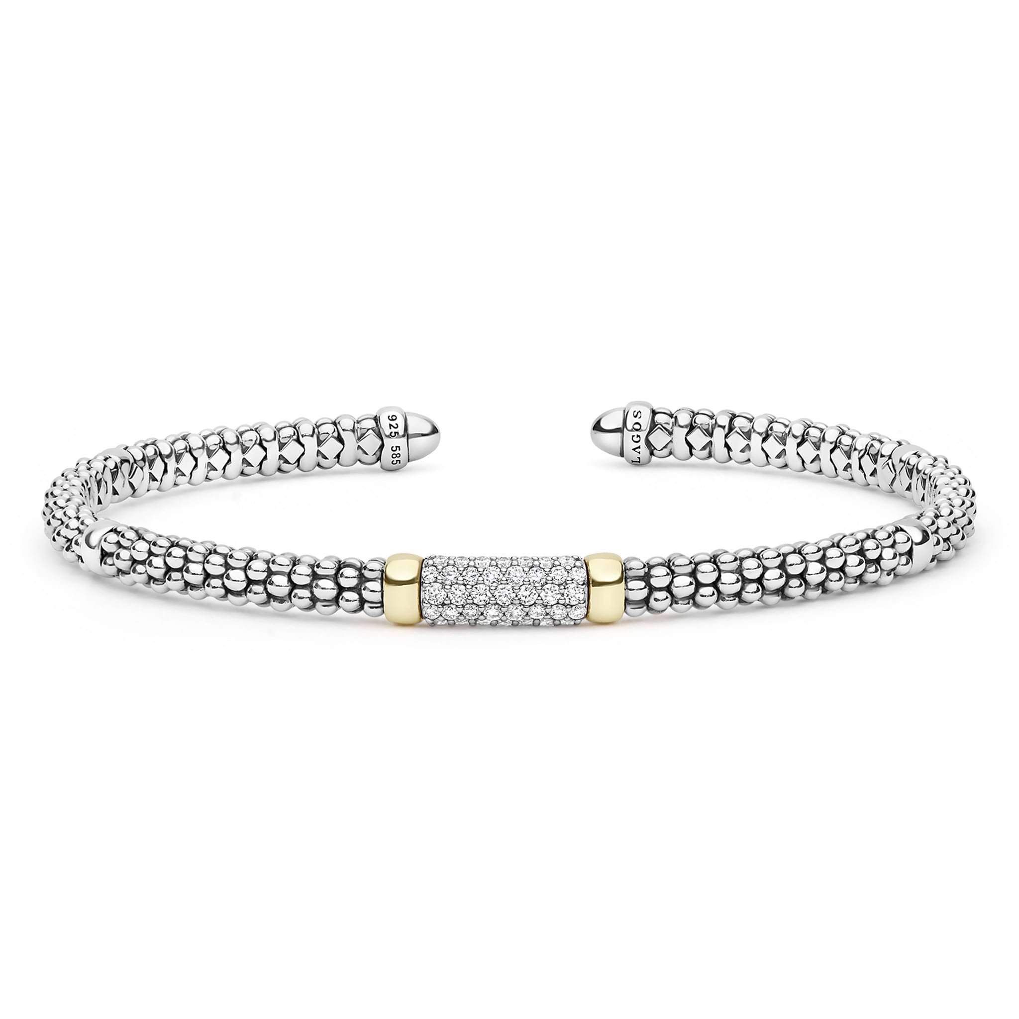 3mm featuring sterling silver caviar beading with diamond station, flanked by 14K gold caps, exuding elegance.