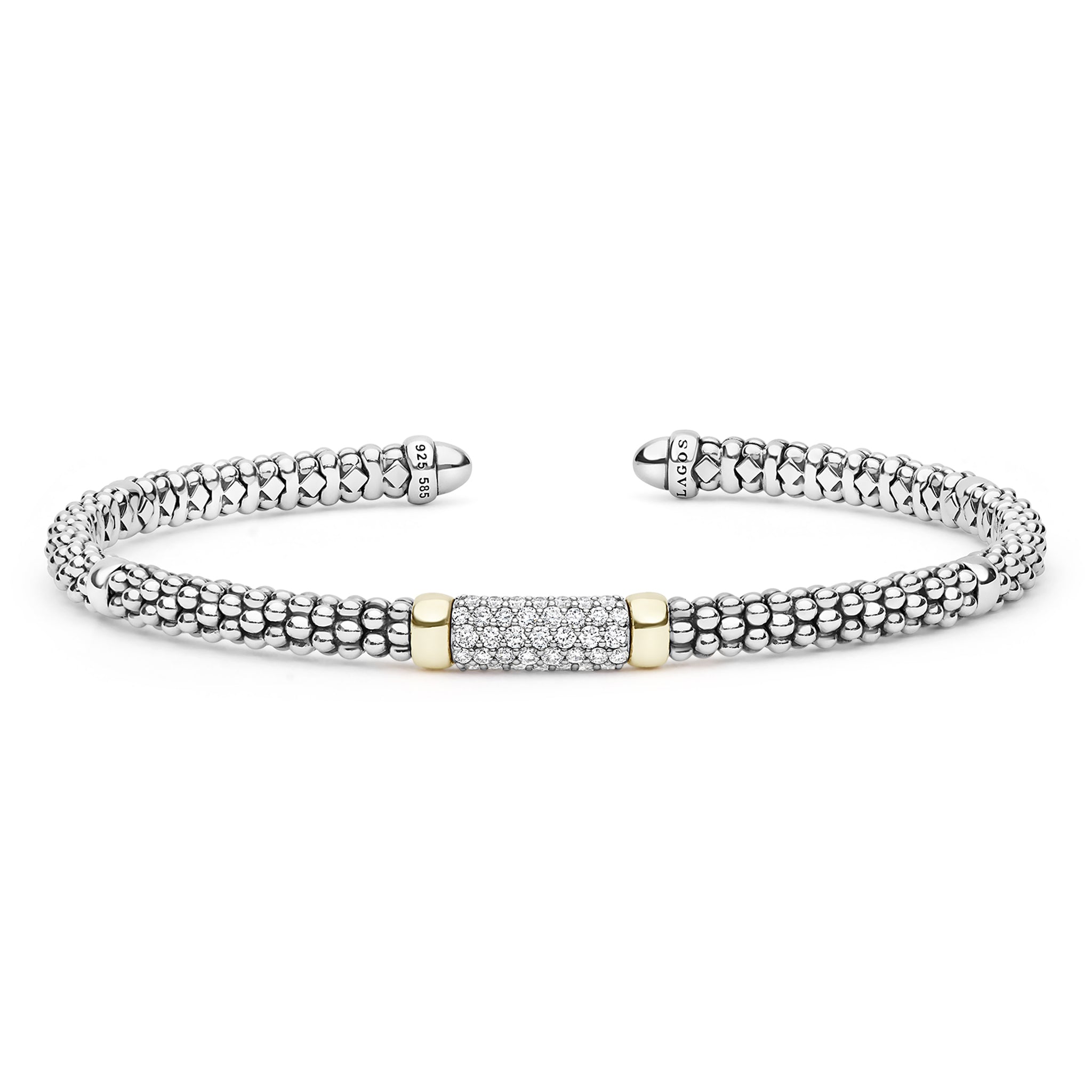A silver cuff bracelet with a textured beaded outer band, a central pavé diamond-set rectangular section, and two small gold accent bands.