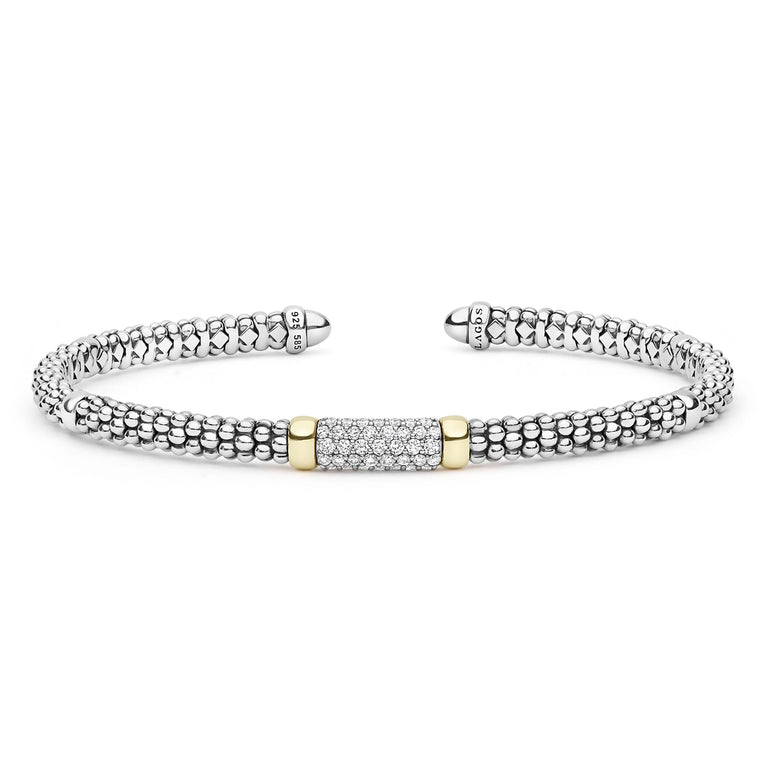  3mm featuring sterling silver caviar beading with diamond station, flanked by 14K gold caps, exuding elegance.