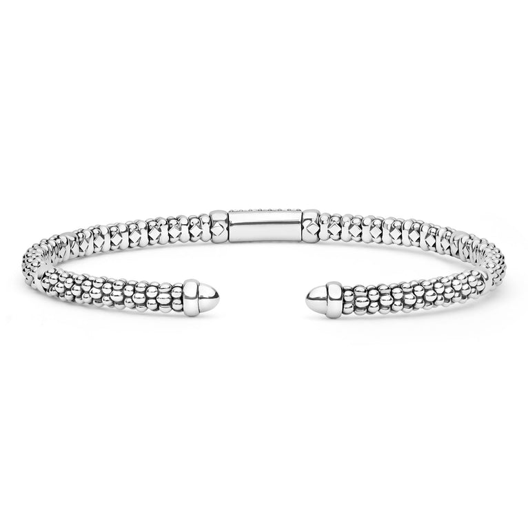  3mm, featuring sterling silver caviar beading and 14K gold stations with a central diamond accent.
