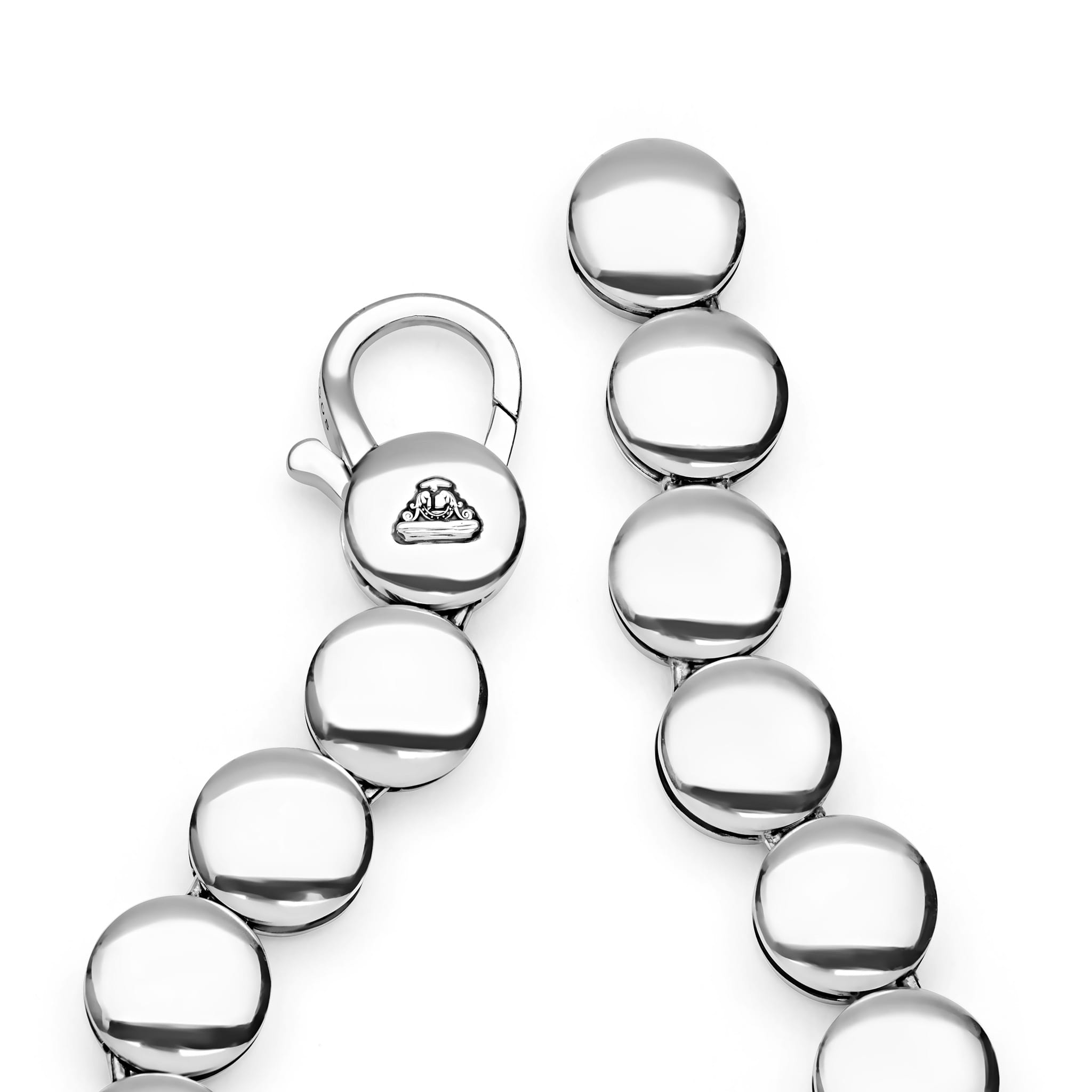 Caviar Bubbly Sterling Silver Disc Bracelet featuring polished 11mm disc beads with a reflective finish and secure lobster clasp for versatile, elegant wear.