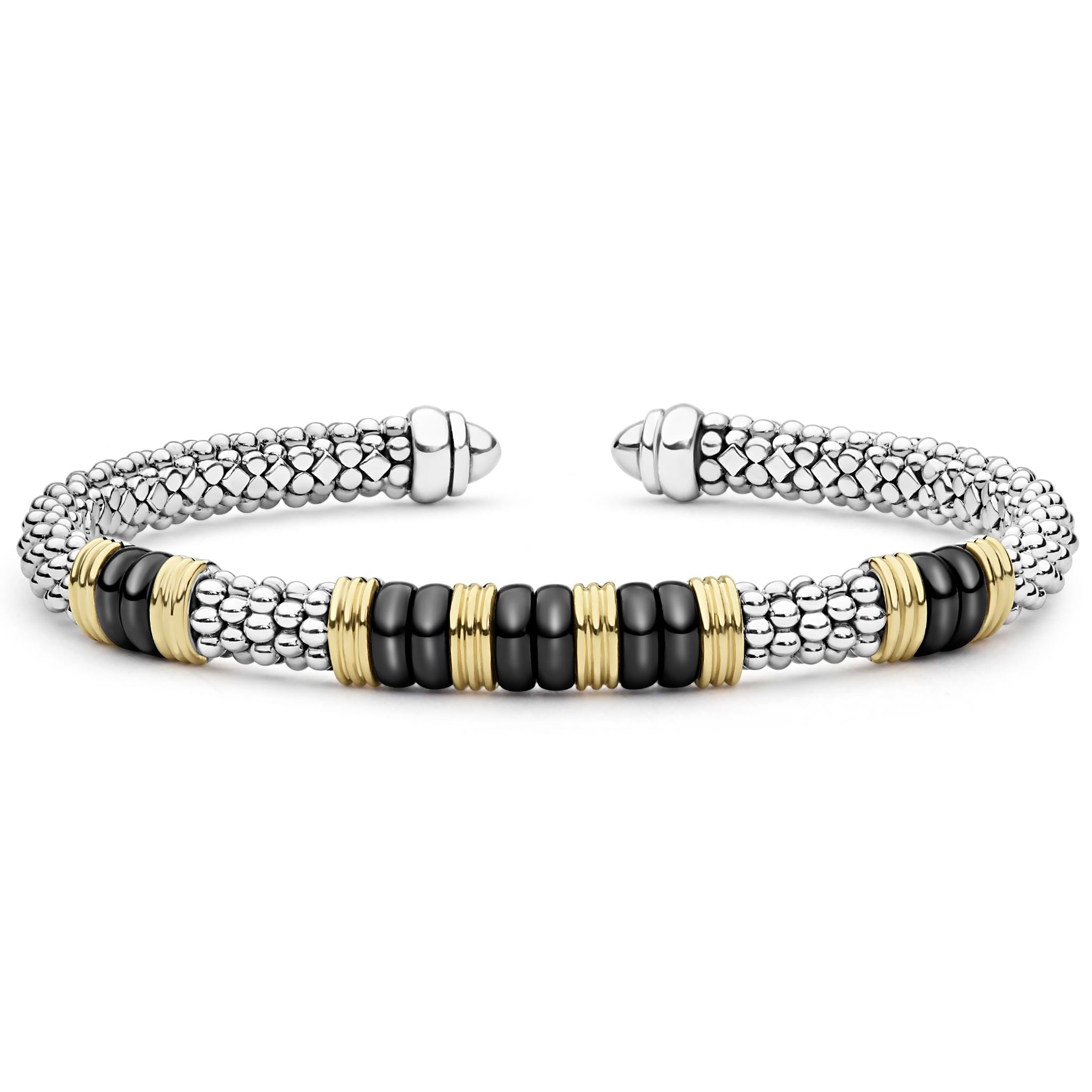 Black Caviar Two-Tone Five Station Black Ceramic Versa Torque Bracelet, featuring sterling silver caviar beading and 18K gold accents, with five black ceramic stations.