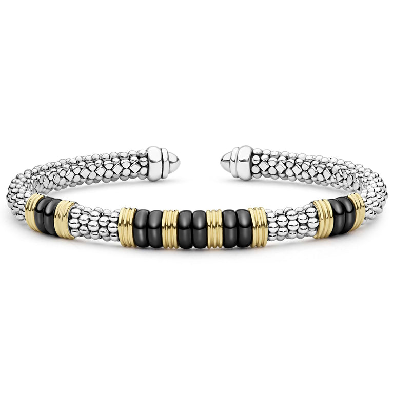 Black Caviar Two-Tone Five Station Black Ceramic Versa Torque Bracelet, featuring sterling silver caviar beading and 18K gold accents, with five black ceramic stations.