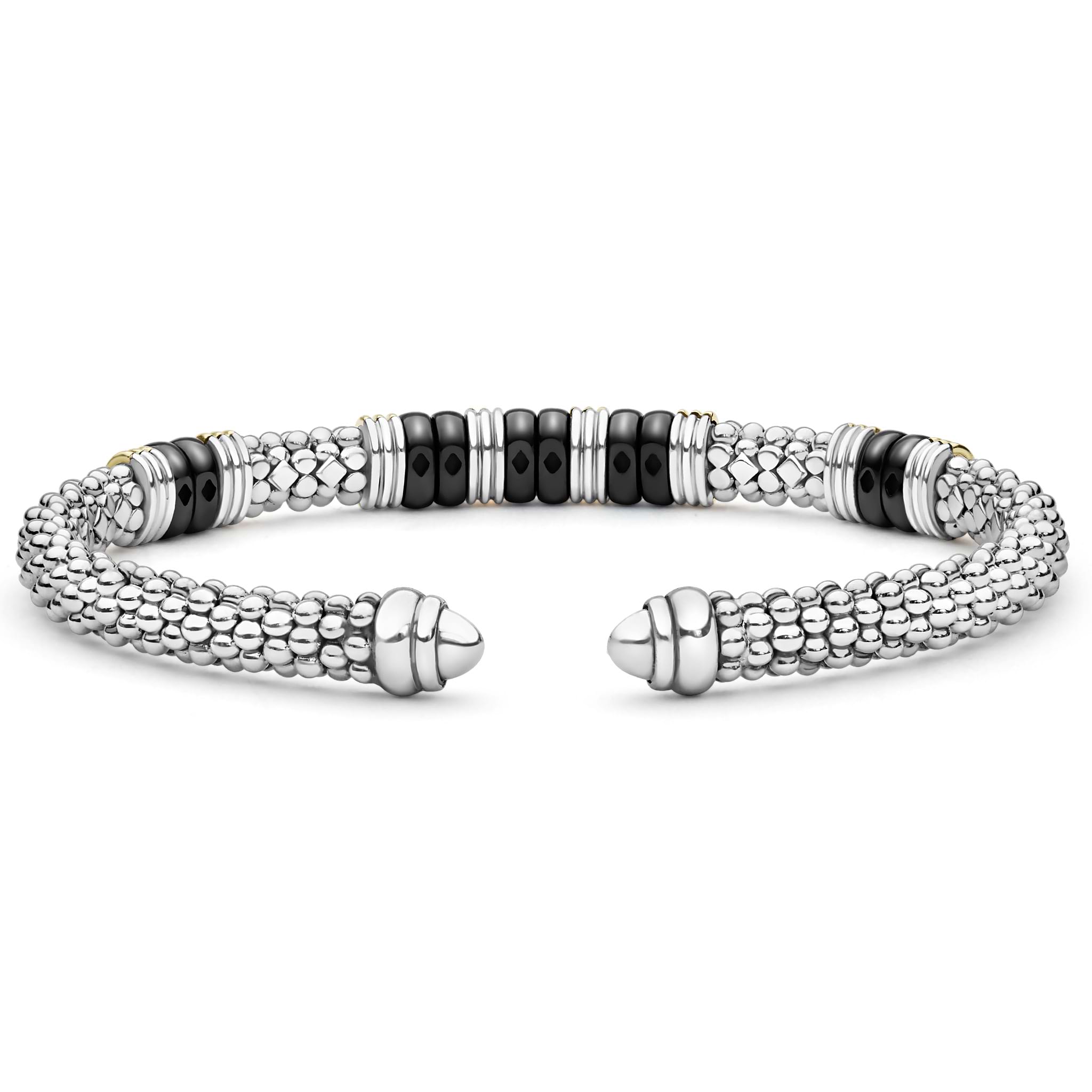 Black Caviar Two-Tone Five Station Black Ceramic Versa Torque Bracelet featuring sterling silver caviar beading, 18K gold accents, and five black ceramic stations.