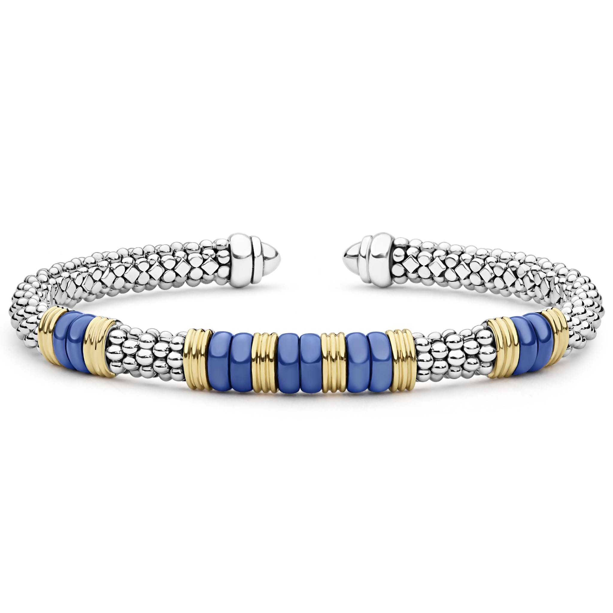  5mm with sterling silver caviar beading, ultramarine ceramic stations, and 18K gold accents.