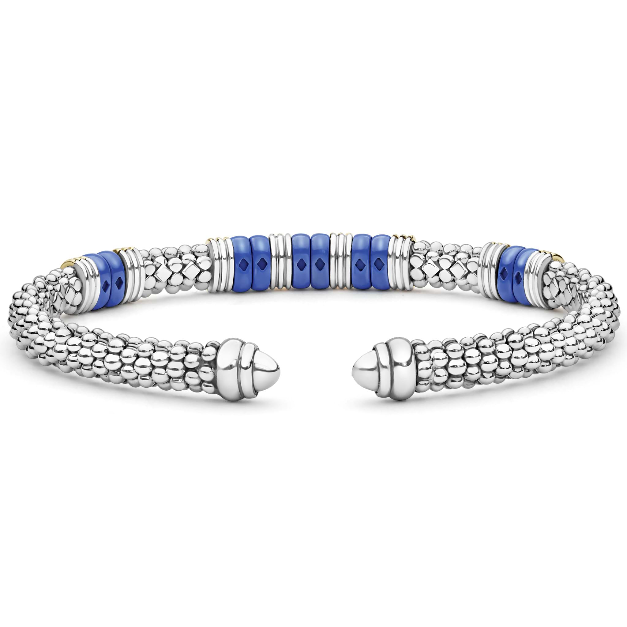 Blue Caviar Two-Tone Five Station Ultramarine Ceramic Versa Torque Bracelet with sterling silver caviar beading, ultramarine ceramic stations, and 18K gold accents for a sophisticated finish.