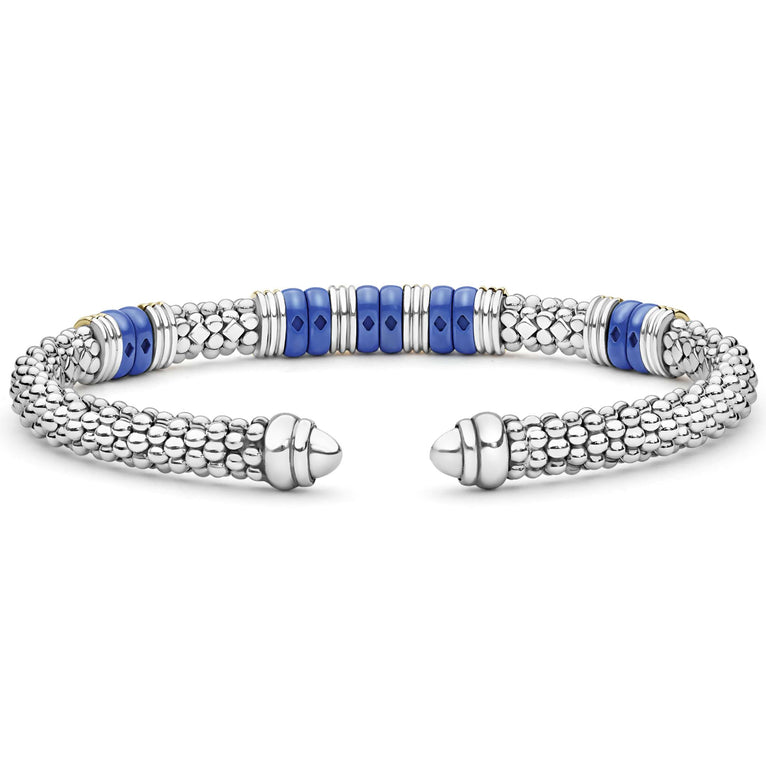 Blue Caviar Two-Tone Five Station Ultramarine Ceramic Versa Torque Bracelet with sterling silver caviar beading, ultramarine ceramic stations, and 18K gold accents for a sophisticated finish.