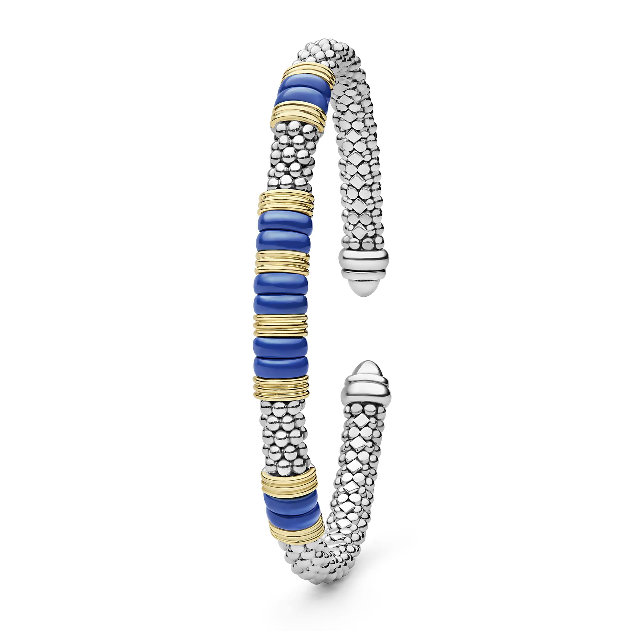 Blue Caviar Two-Tone Five Station Ultramarine Ceramic Versa Torque Bracelet with sterling silver Caviar beading, 18K gold accents, and ultramarine ceramic stations in an open cuff design.