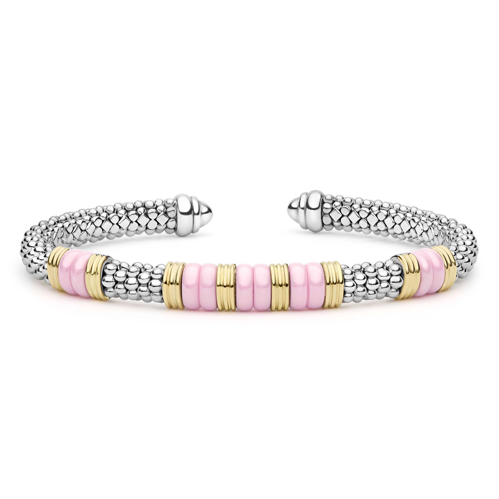  5mm features sterling silver caviar beading, pink ceramic stations, and 18K gold accents in an open cuff design.