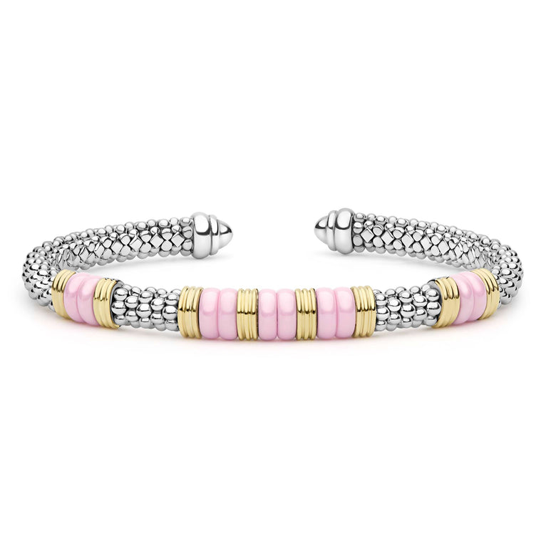  5mm features sterling silver caviar beading, pink ceramic stations, and 18K gold accents in an open cuff design.