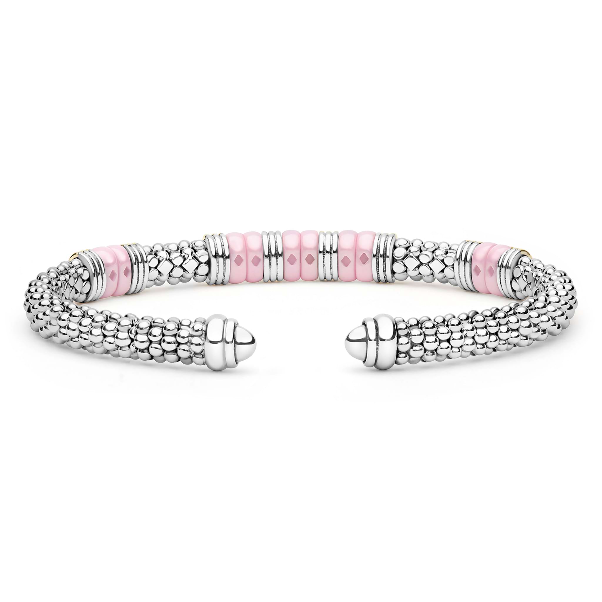  5mm features sterling silver caviar beading with pink ceramic stations and 18K gold accents, ending in smooth silver caps.