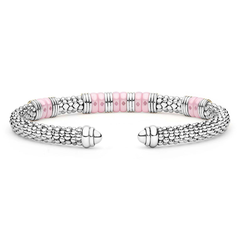  5mm features sterling silver caviar beading with pink ceramic stations and 18K gold accents, ending in smooth silver caps.