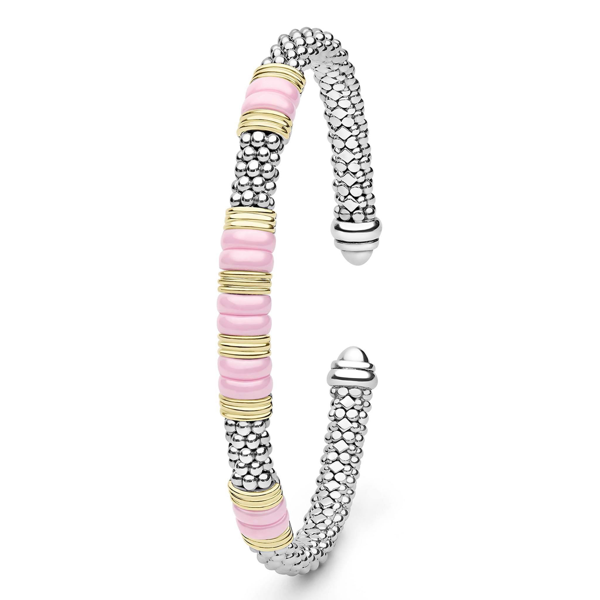 Pink Caviar Two-Tone Five Station Pink Ceramic Versa Torque Bracelet with sterling silver caviar beading and 18K gold accents, showcasing a sophisticated open cuff design.