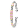 Pink Caviar Two-Tone Five Station Pink Ceramic Versa Torque Bracelet with sterling silver caviar beading and 18K gold accents, showcasing a sophisticated open cuff design.