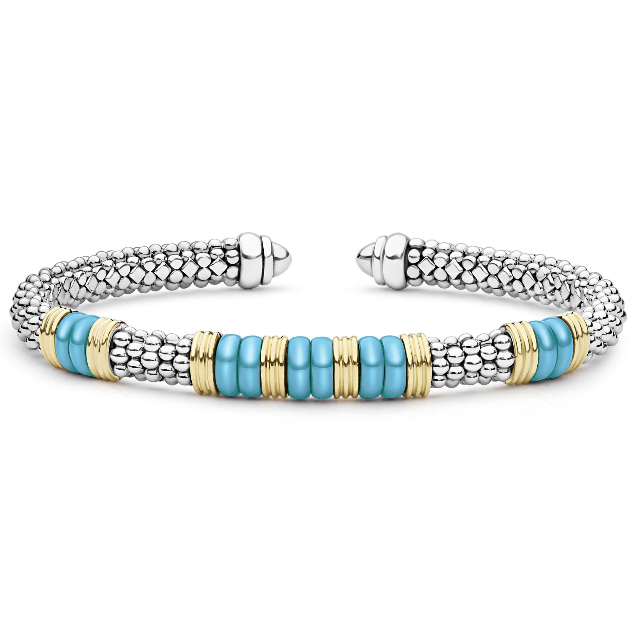  5mm with sterling silver caviar beading, five blue ceramic stations, and 18K gold accents.