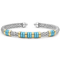  5mm with sterling silver caviar beading, five blue ceramic stations, and 18K gold accents.