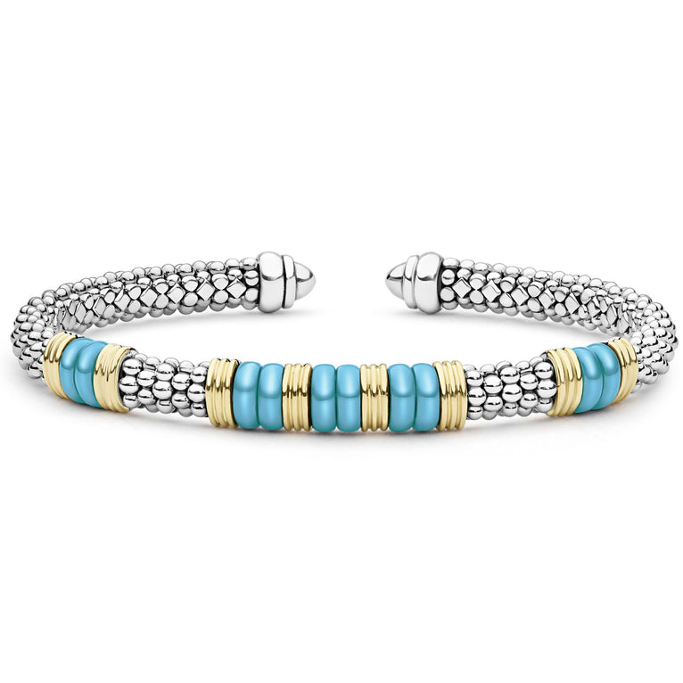  5mm with sterling silver caviar beading, five blue ceramic stations, and 18K gold accents.