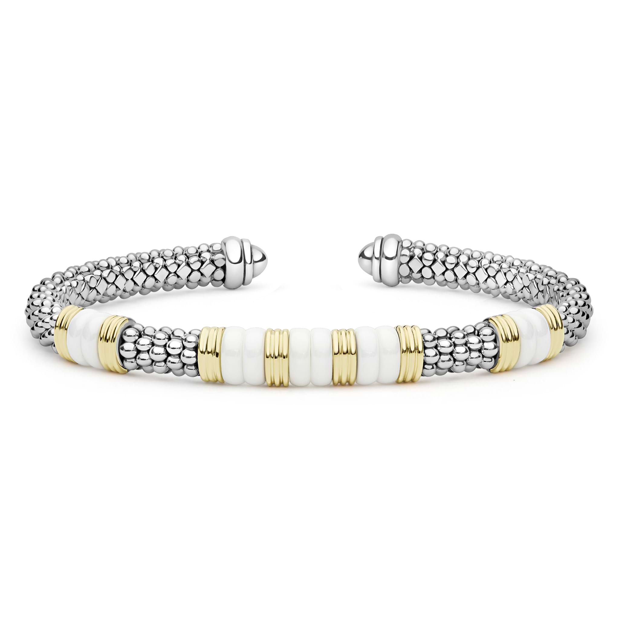  5mm features sterling silver caviar beading, white ceramic stations, and 18K gold accents in a cuff design.