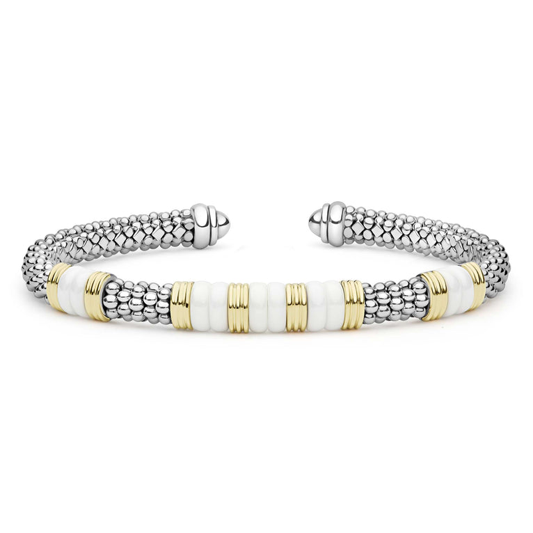  5mm features sterling silver caviar beading, white ceramic stations, and 18K gold accents in a cuff design.