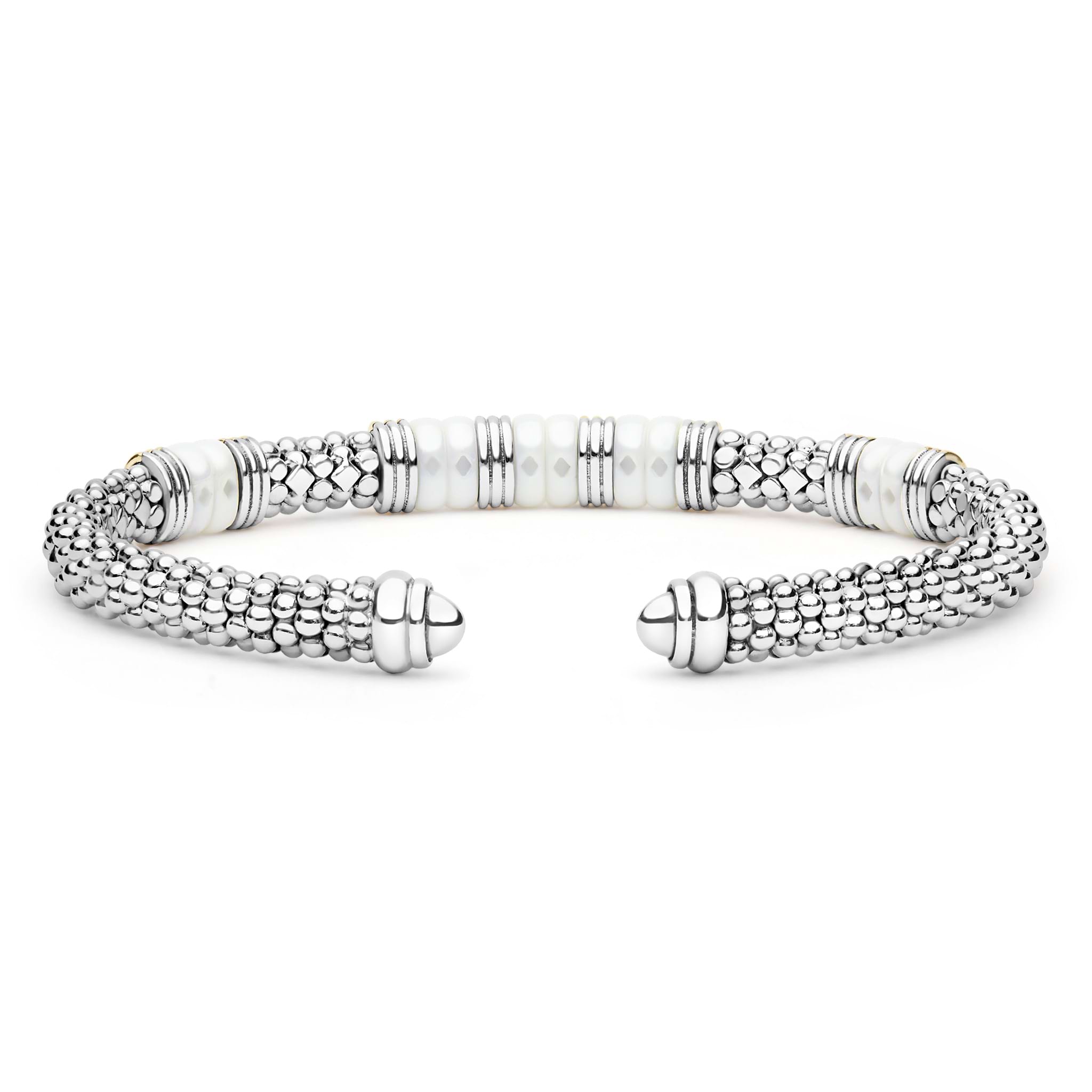 White Caviar Two-Tone Five Station White Ceramic Versa Torque Bracelet with sterling silver and 18K gold accents, featuring caviar beading and open cuff design for elegance.