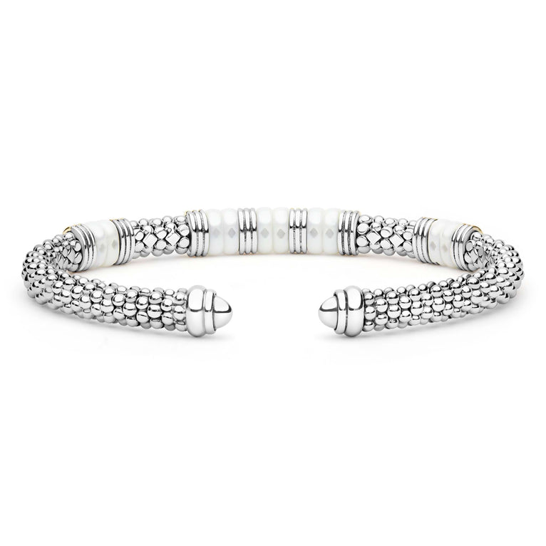 White Caviar Two-Tone Five Station White Ceramic Versa Torque Bracelet with sterling silver and 18K gold accents, featuring caviar beading and open cuff design for elegance.