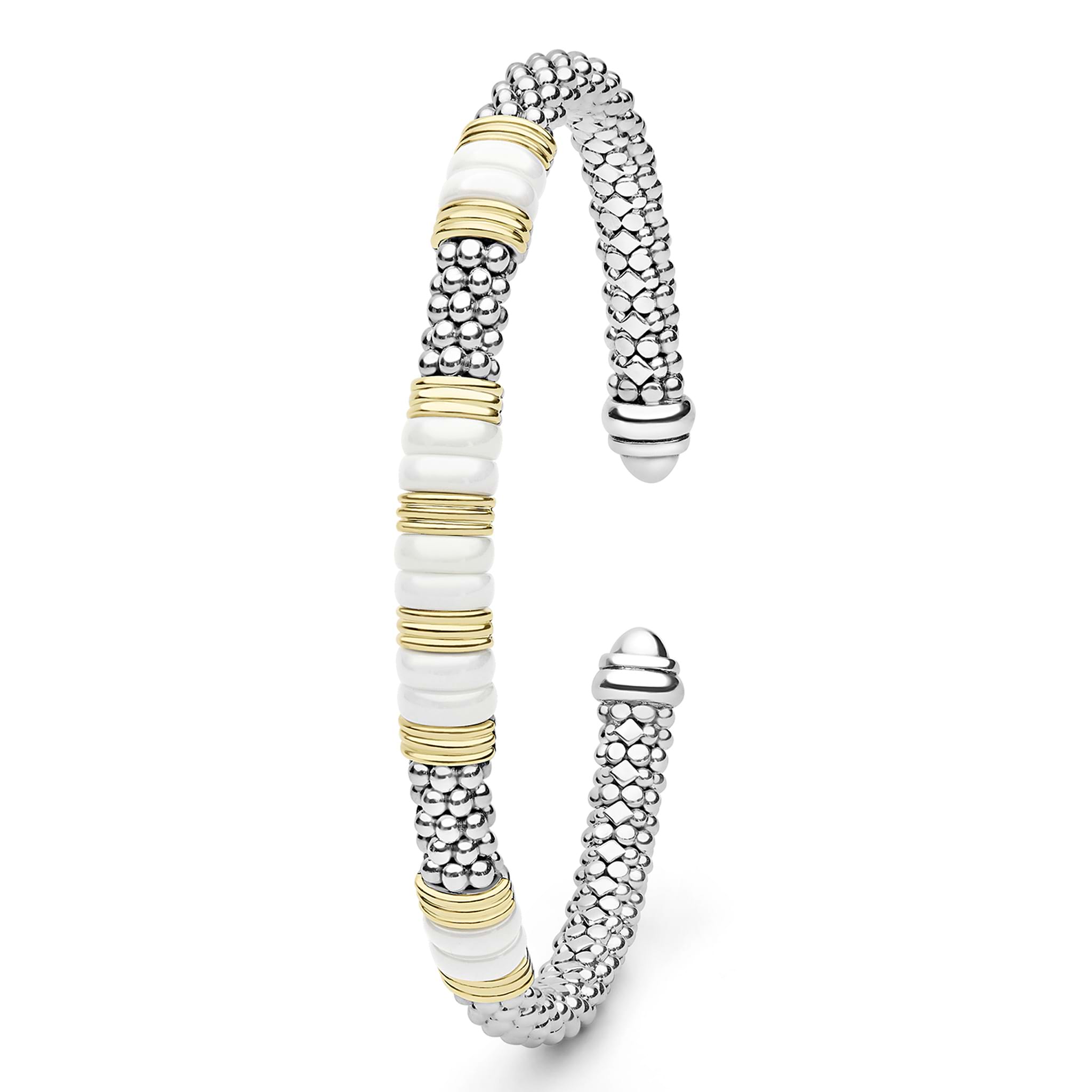  5mm with sterling silver caviar beading, accented by 18K gold and five white ceramic stations.