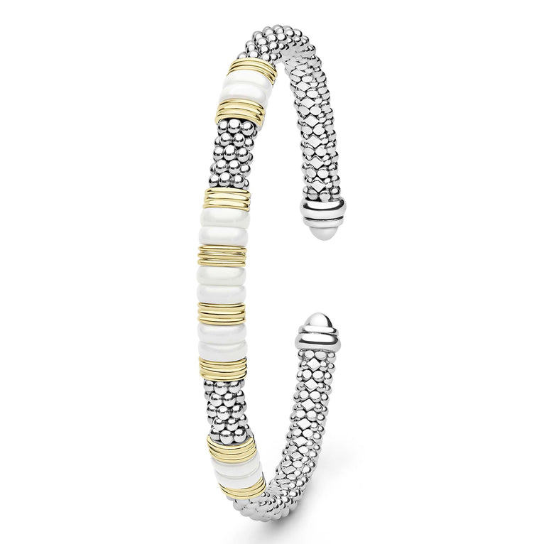  5mm with sterling silver caviar beading, accented by 18K gold and five white ceramic stations.
