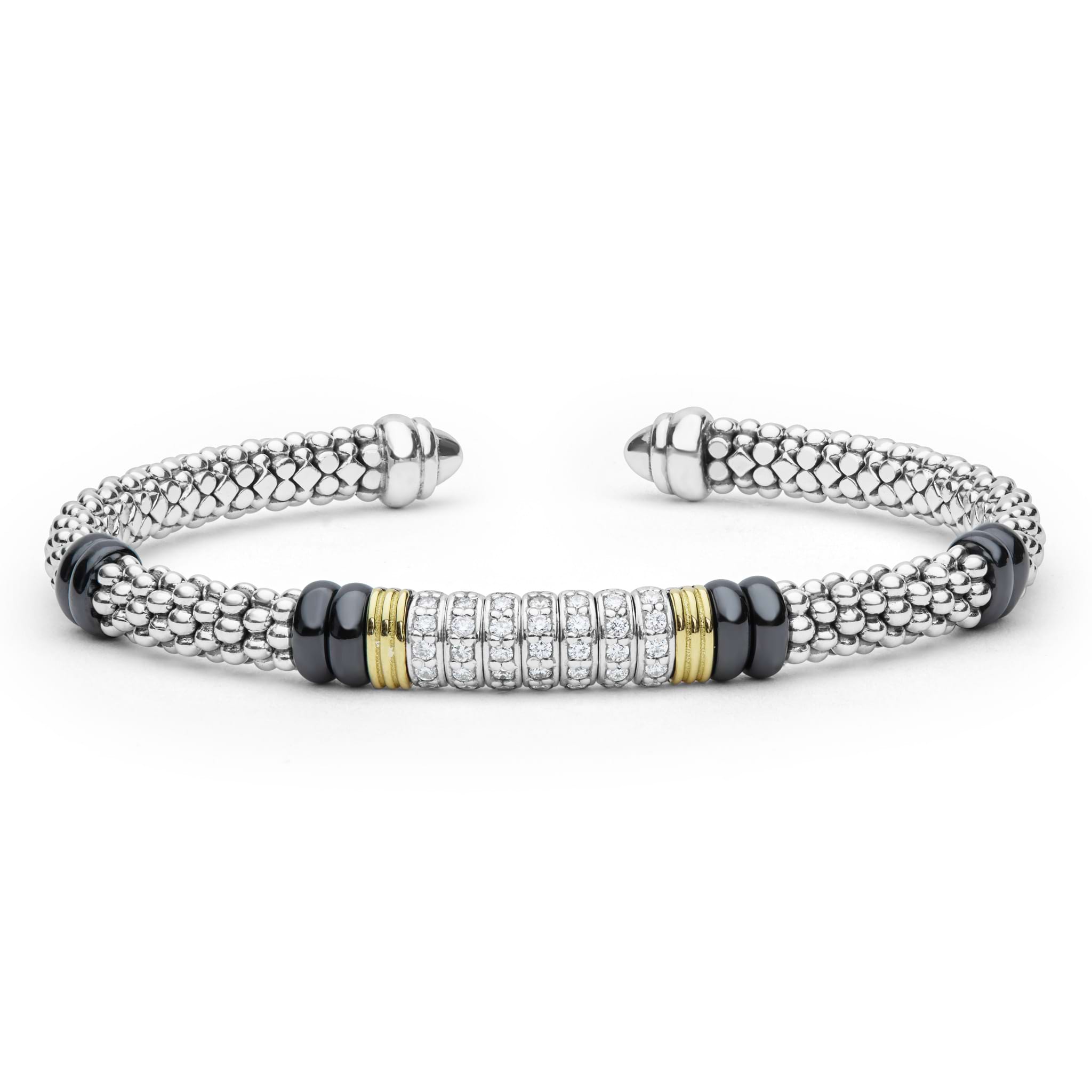  5mm with sterling silver caviar beading, pavé diamond centerpiece, 18K gold accents, and black ceramic detailing.