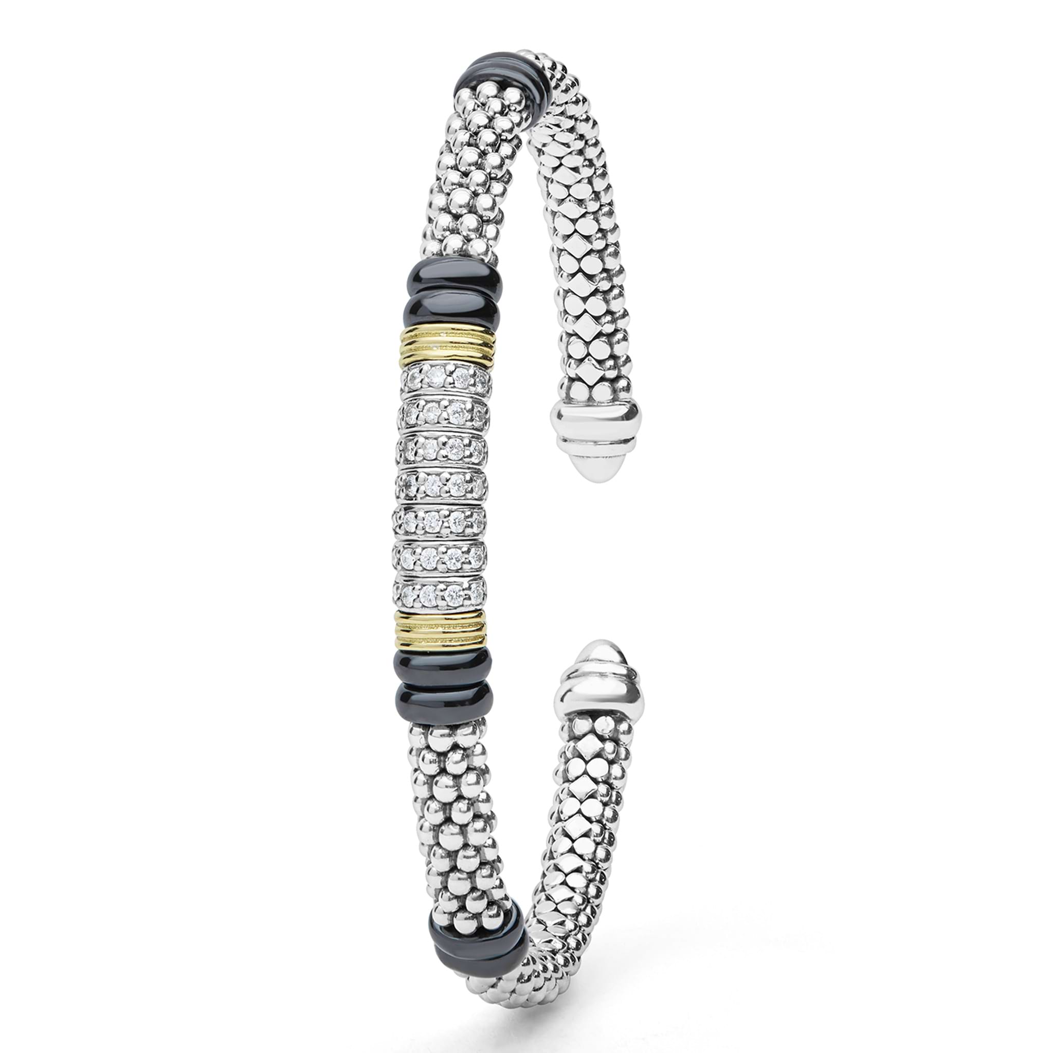  5mm, featuring sterling silver caviar beading, 18K gold accents, diamonds, and black ceramic details.