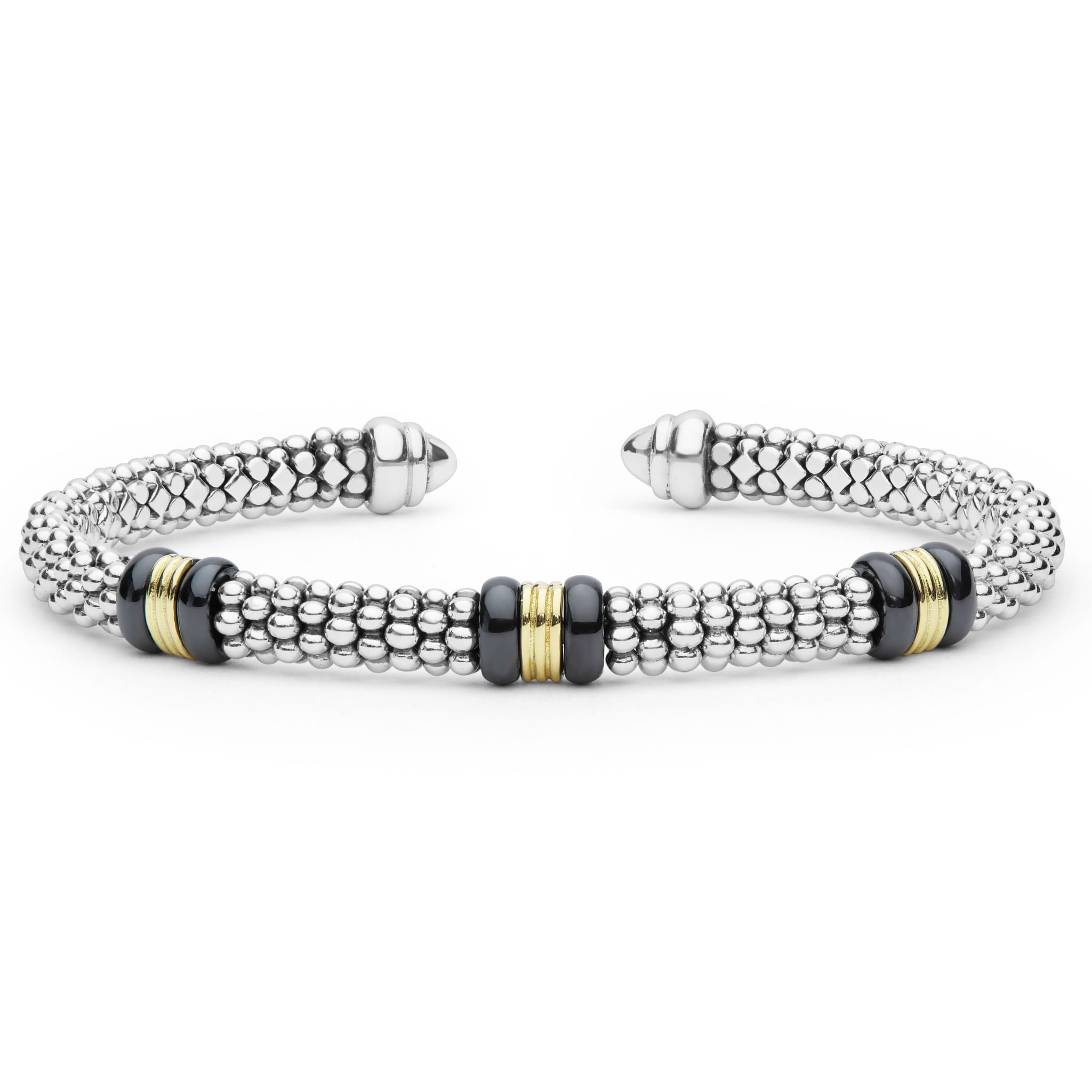  5mm, featuring sterling silver caviar beading, 18K gold accents, and black ceramic beads.
