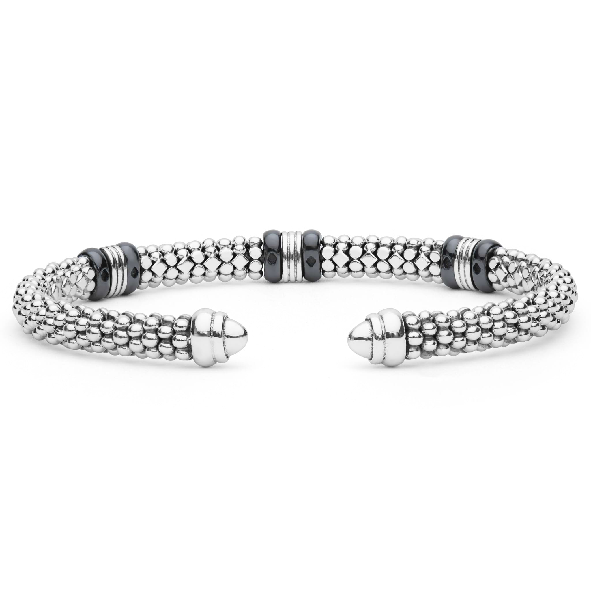  5mm features sterling silver caviar beading, 18K gold accents, and black ceramic on a modern open cuff.
