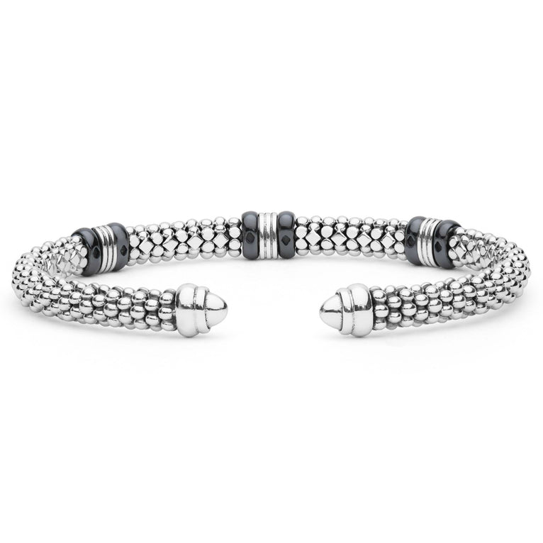  5mm features sterling silver caviar beading, 18K gold accents, and black ceramic on a modern open cuff.