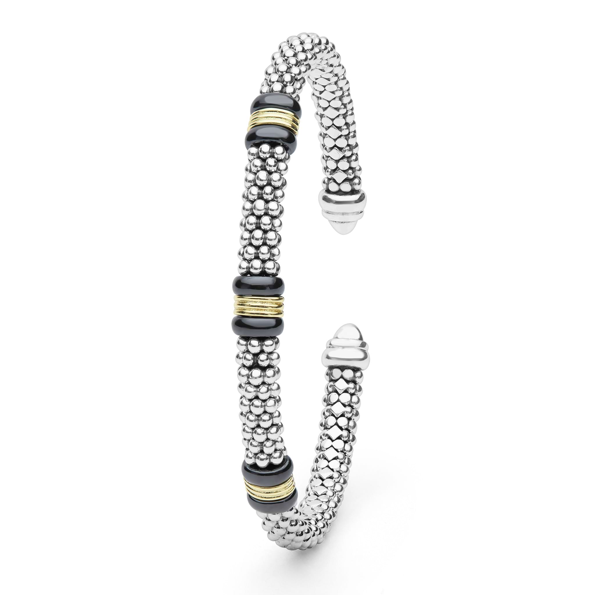  5mm, featuring sterling silver caviar beading and 18K gold-accented black ceramic stations for a modern, elegant look.
